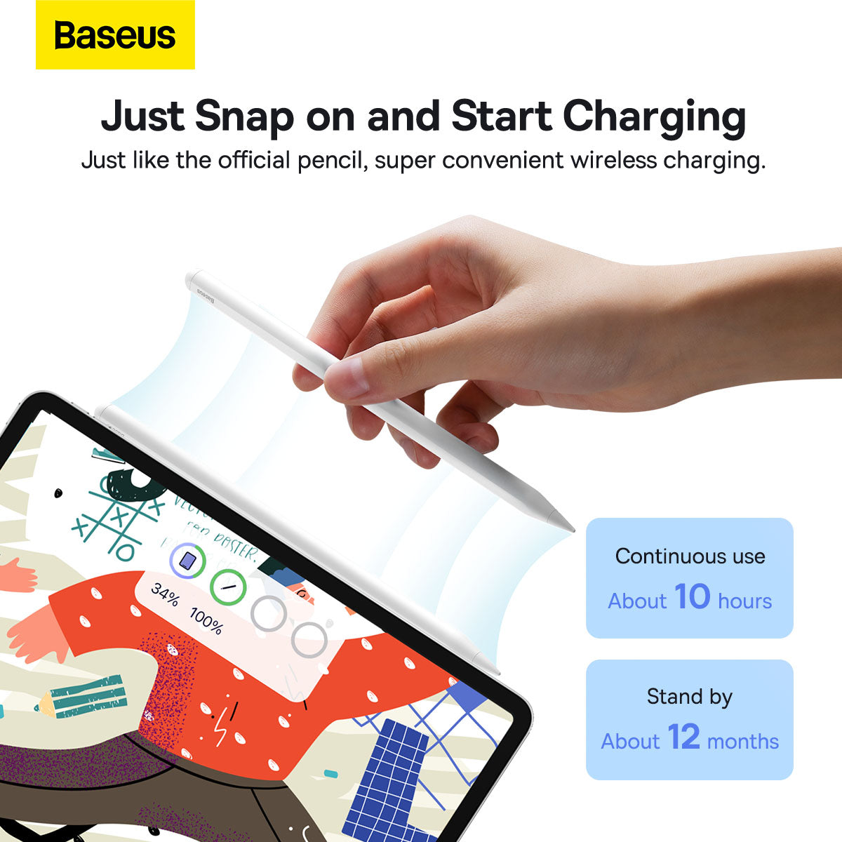 Baseus Smooth Writing 2 Series Dual Charging Stylus, White Active Version Wireless/Cabled Charging