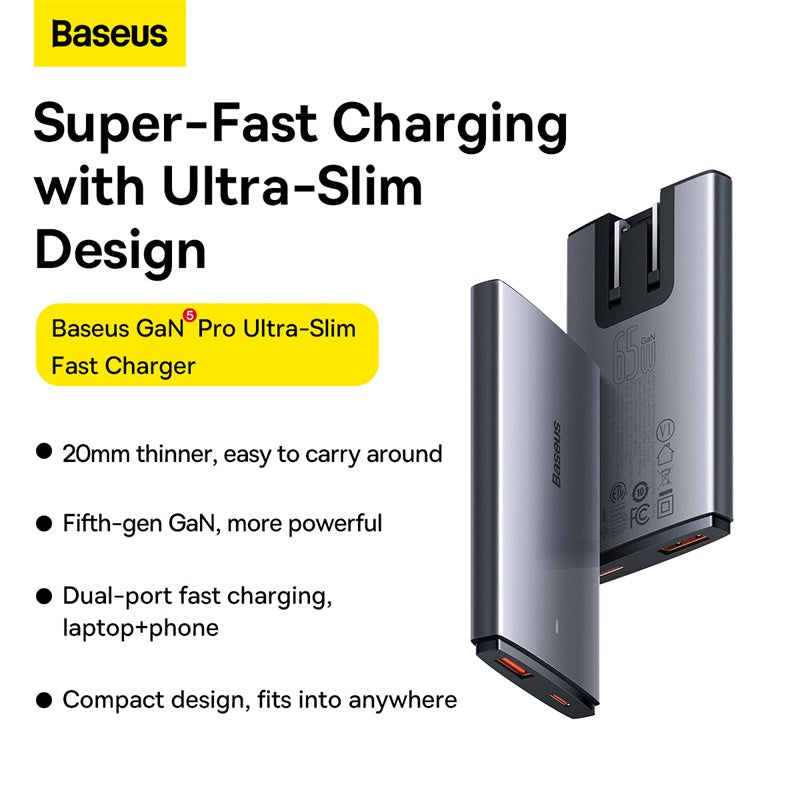 Baseus GaN5 Pro Ultra-Slim Fast Charger C+U 65W CN Gray