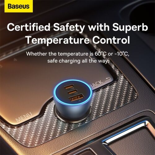 Baseus 65W Golden Contactor Pro Triple Fast Charging Car Charger USB + Dual Type C Port Dark Gray