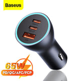 Baseus 65W Golden Contactor Pro Triple Fast Charging Car Charger USB + Dual Type C Port Dark Gray